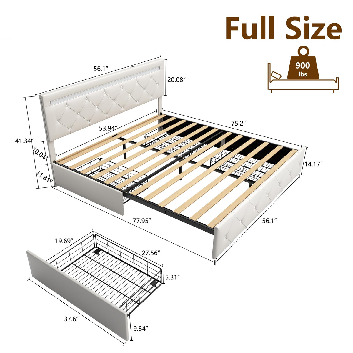 White Full Size Bed Frame with 4 Drawers and LED Light V76272