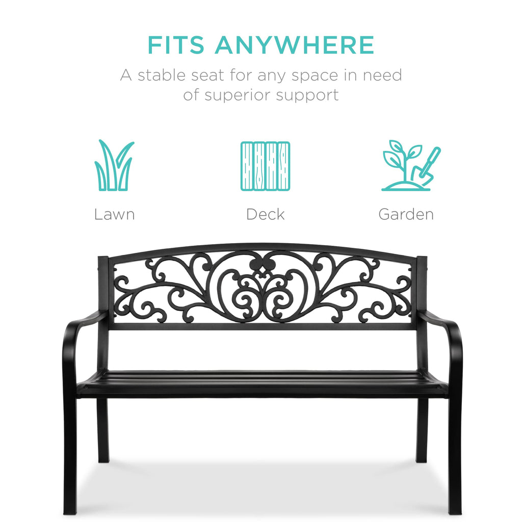 Black Steel Outdoor Bench with Floral Backrest L568