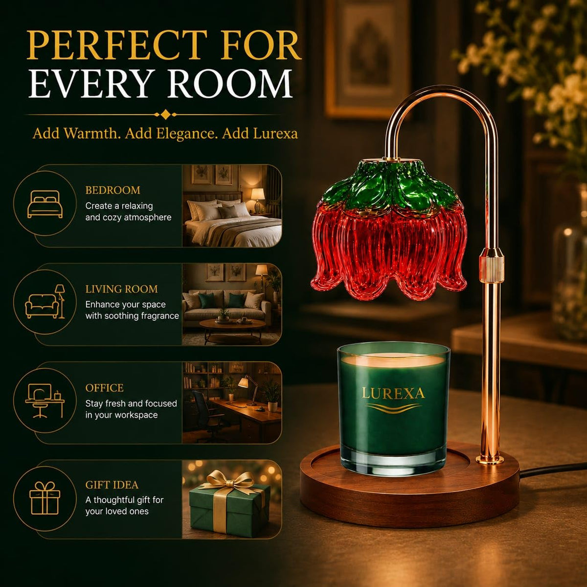 Adjustable Height Candle Warmer Lamp with Timer & Dimmer, Glass Lotus Wax Warmer, 2 GU10 50W Bulbs, Wooden Base K849