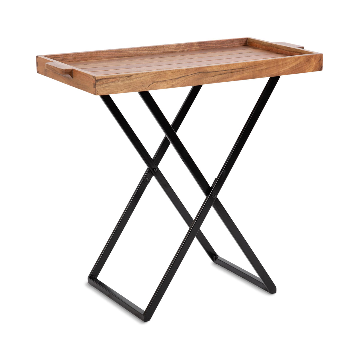 Natural Brown and Black Wood Tray Table with Removable Serving Tray Top I8662