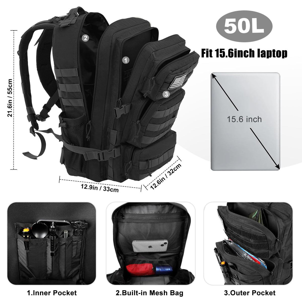 50L Military Tactical Backpack Black B25673