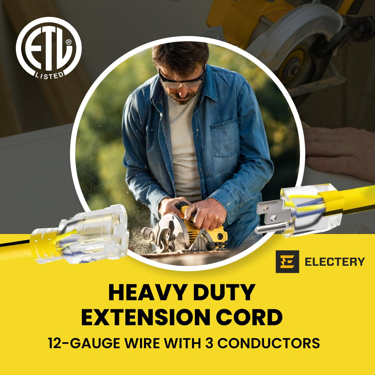 12 Gauge 75 Ft Heavy Duty Extension Cord SJTW Yellow 15Amp 1875W M84713