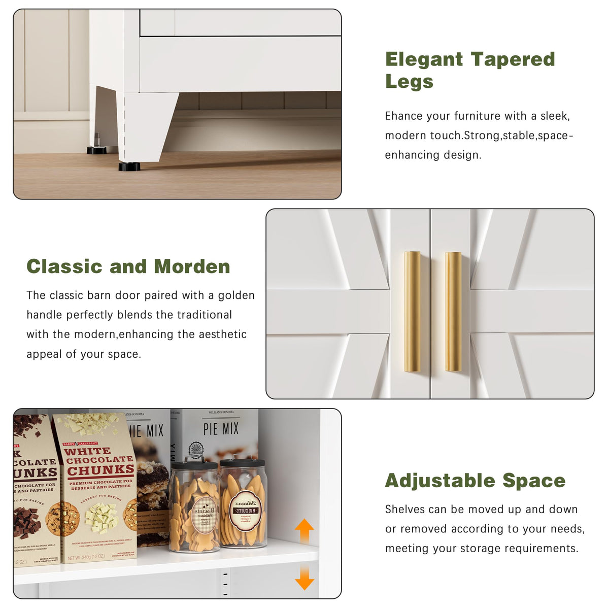 White Farmhouse Storage Kitchen Pantry Cabinet with 2 Barn Door, 3 Adjustable Shelves and Legs B11367