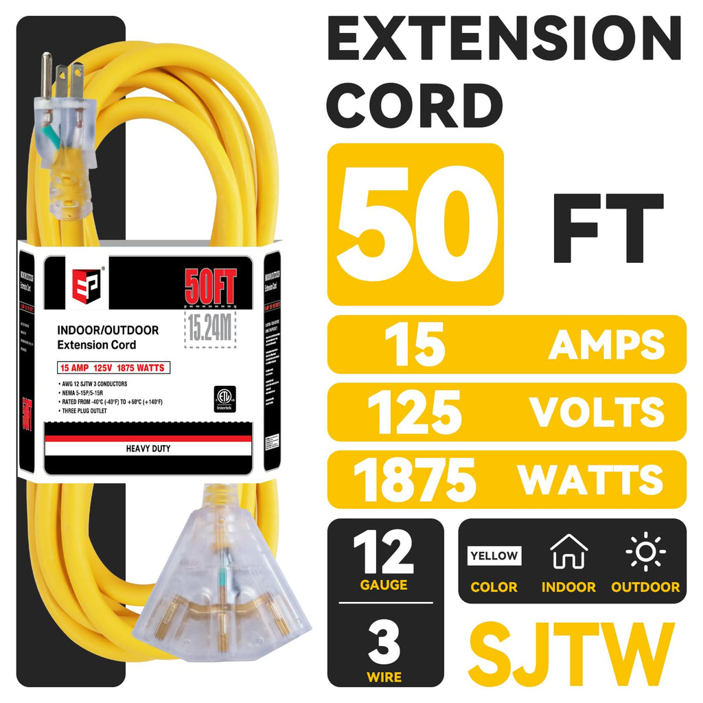 50 Ft Outdoor Extension Cord 3 Outlets Yellow Z2249
