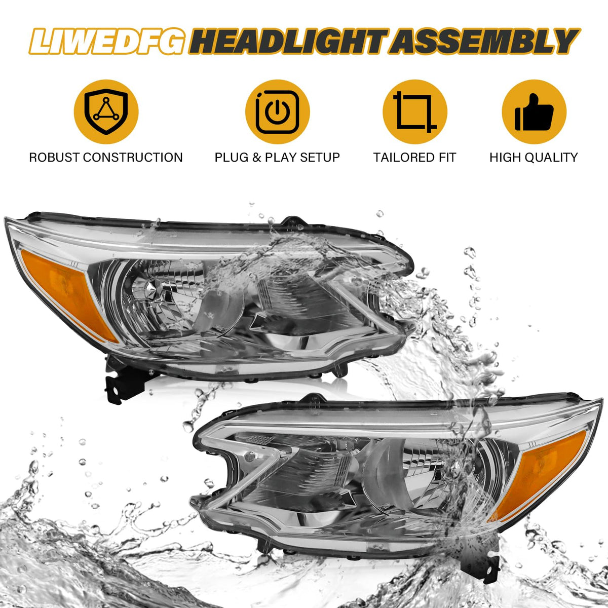 Halogen Headlight Assembly Pair Set Chrome Housing Amber Reflector F572