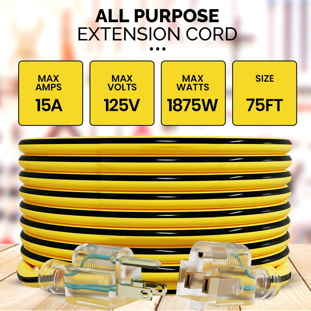 12 Gauge 75 Ft Heavy Duty Extension Cord SJTW Yellow 15Amp 1875W M84713