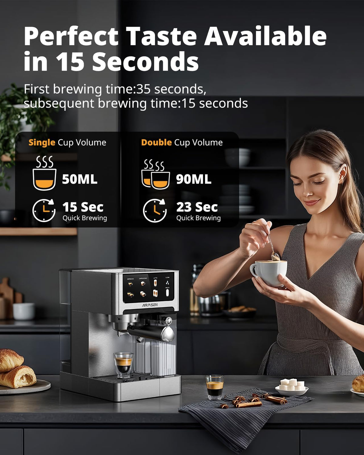 20 Bar Espresso Machine with Milk Frother, Stainless Steel, 60oz Water Tank B790