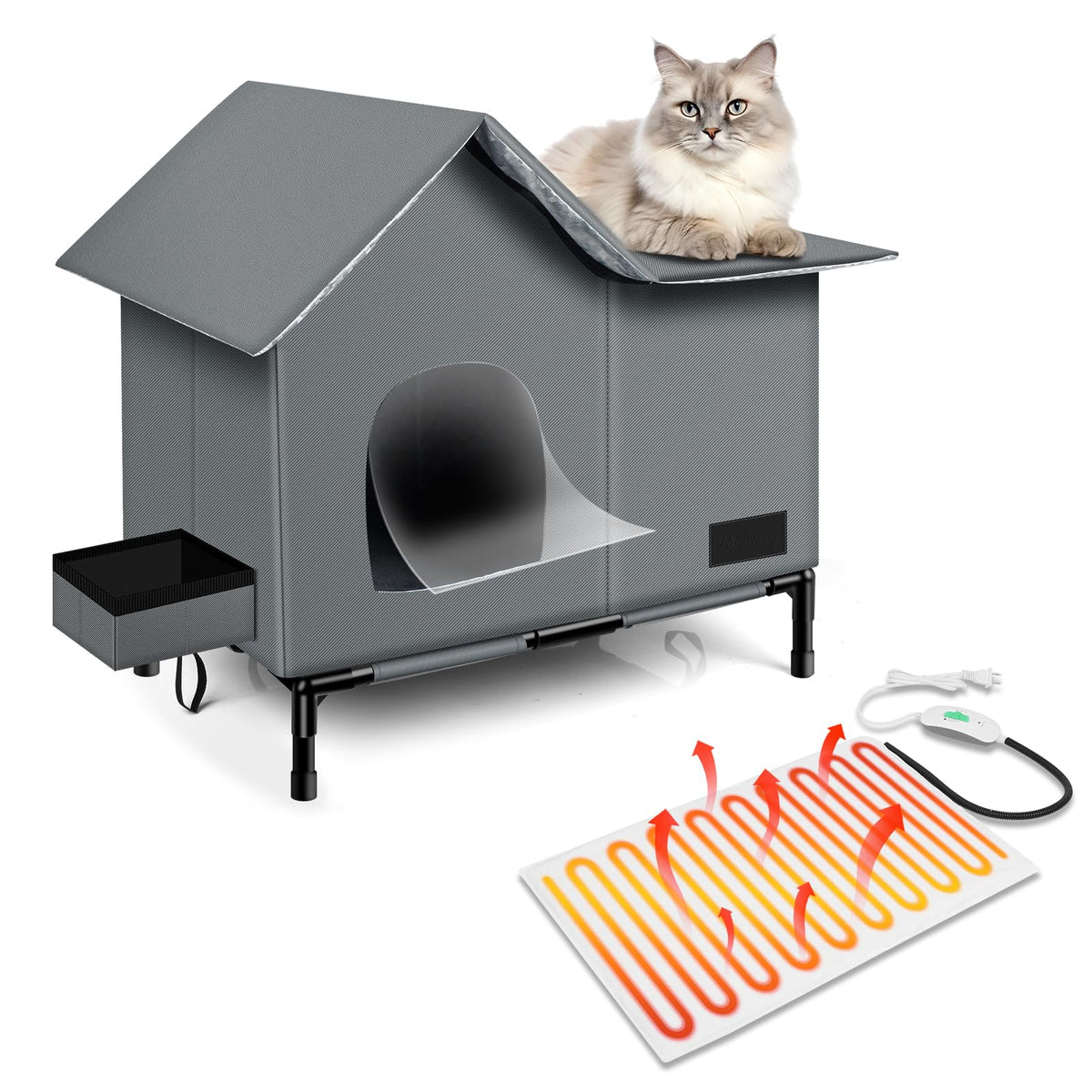 Heated Weatherproof Cat House with Heating Pad U651780