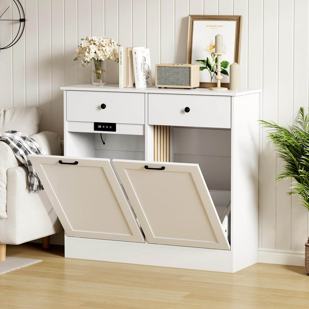 White 20-Gallon Wooden Tilt-Out Trash Can Cabinet I47231