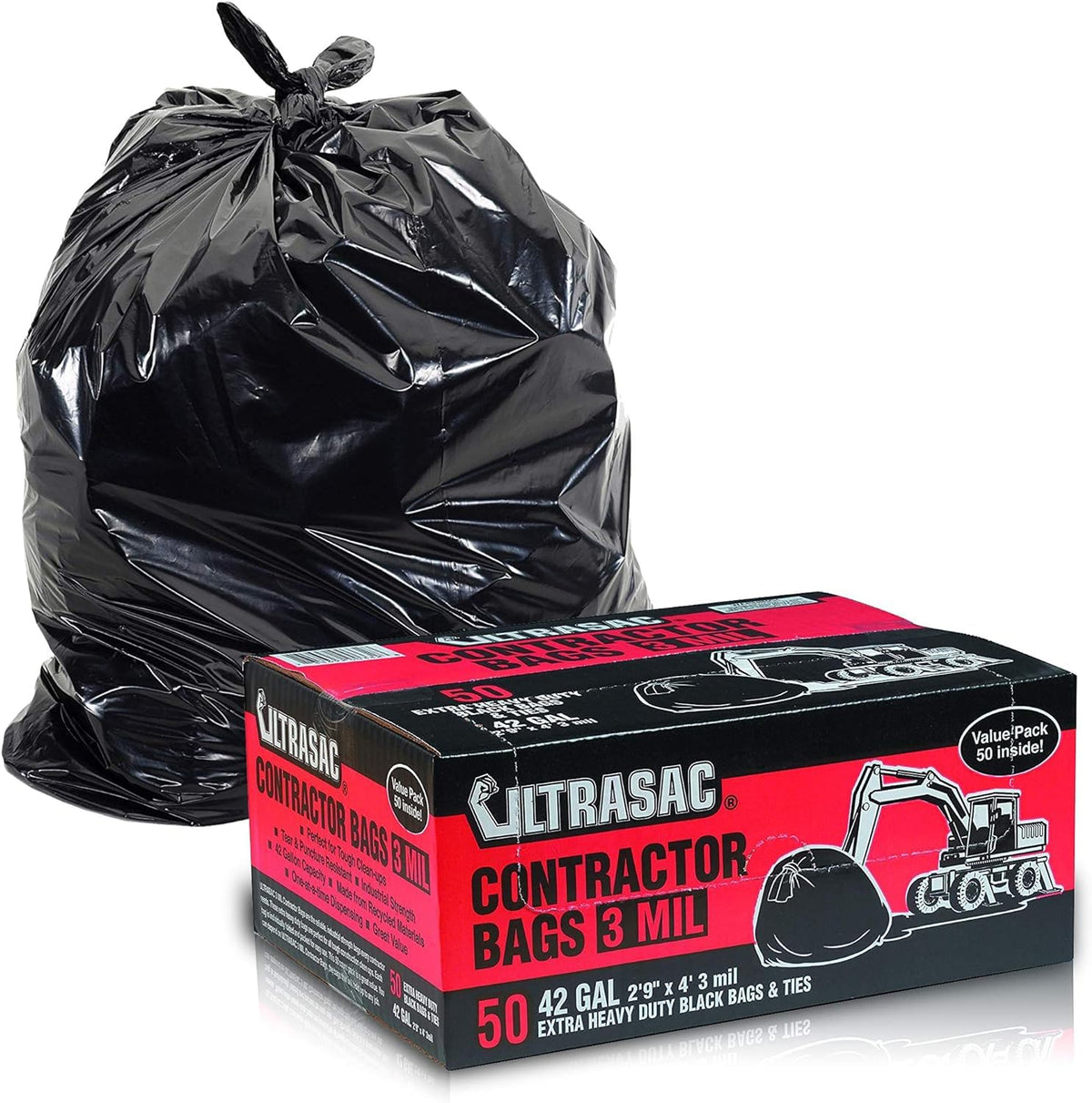 Heavy Duty 50 Pack 42 Gallon 3 MIL Black Contractor Bags F916052