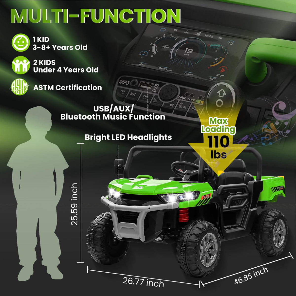 24V 4WD Ride on Truck Car with Dump Bed, 2 Seaters, Remote Control, Green F1678