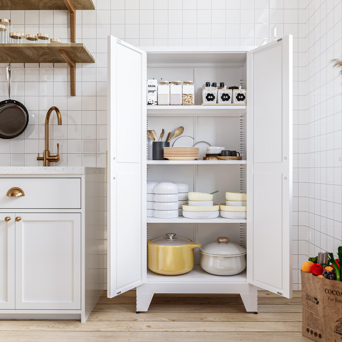 White Farmhouse Storage Kitchen Pantry Cabinet with 2 Barn Door, 3 Adjustable Shelves and Legs B11367