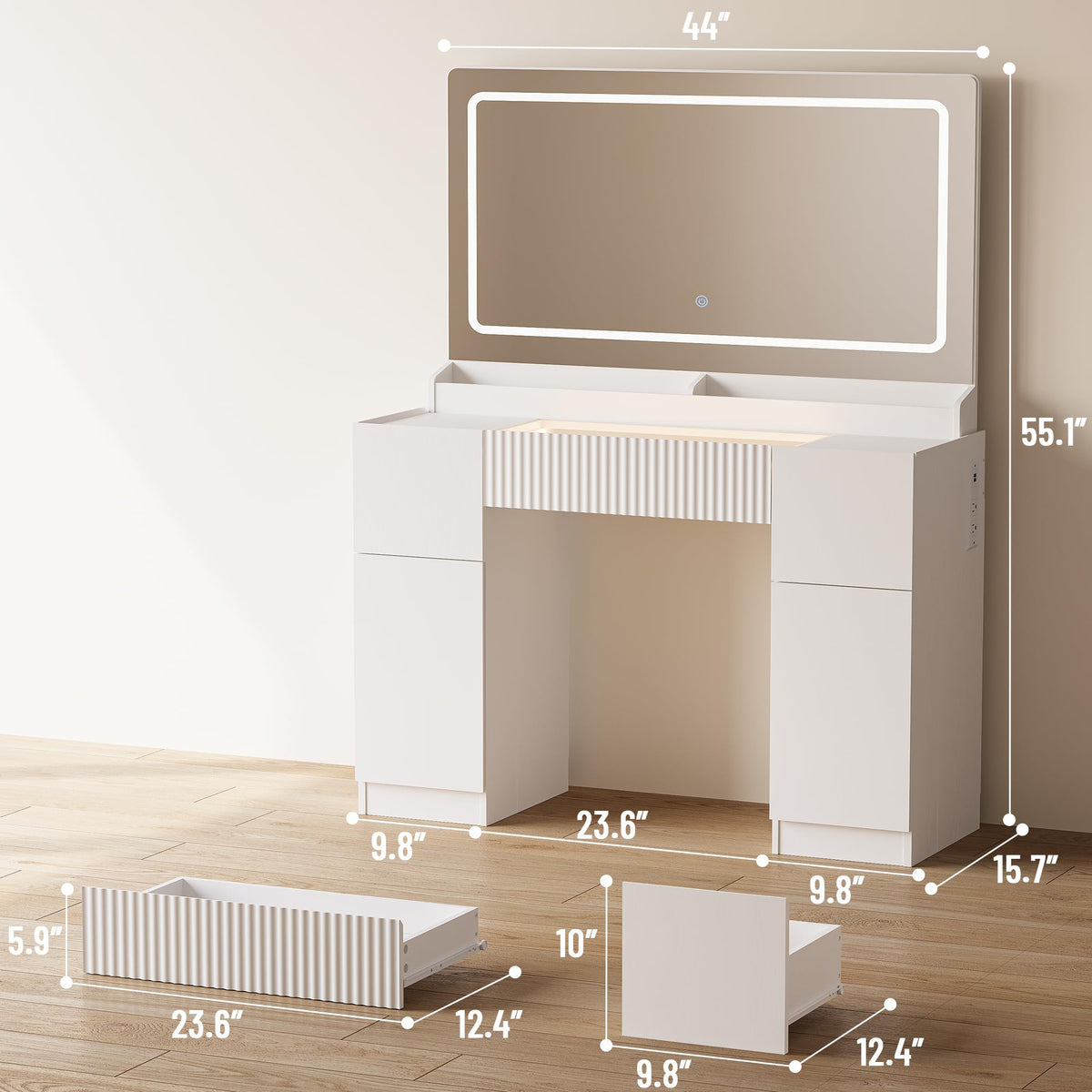 44" Pure White Vanity Desk with Mirror and Lights I930939