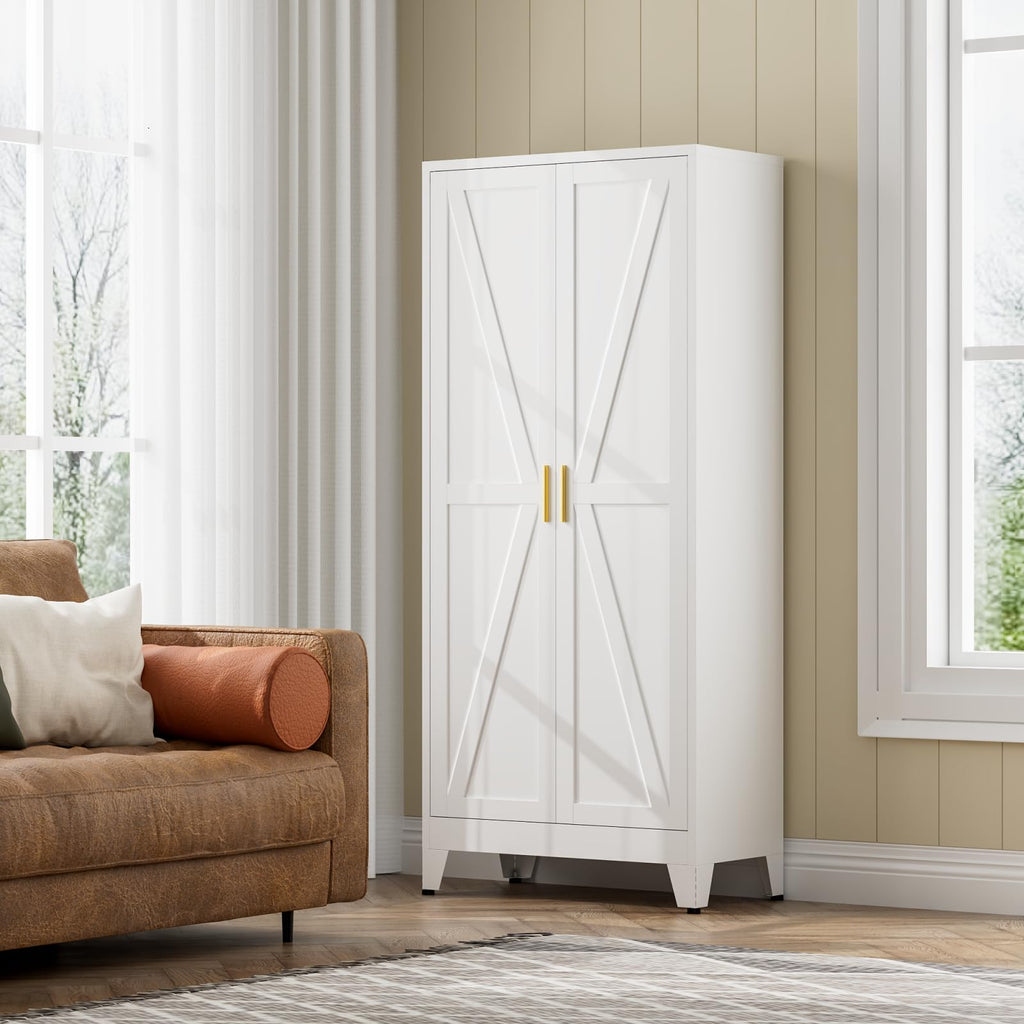 White Farmhouse Storage Kitchen Pantry Cabinet with 2 Barn Door, 3 Adjustable Shelves and Legs B11367