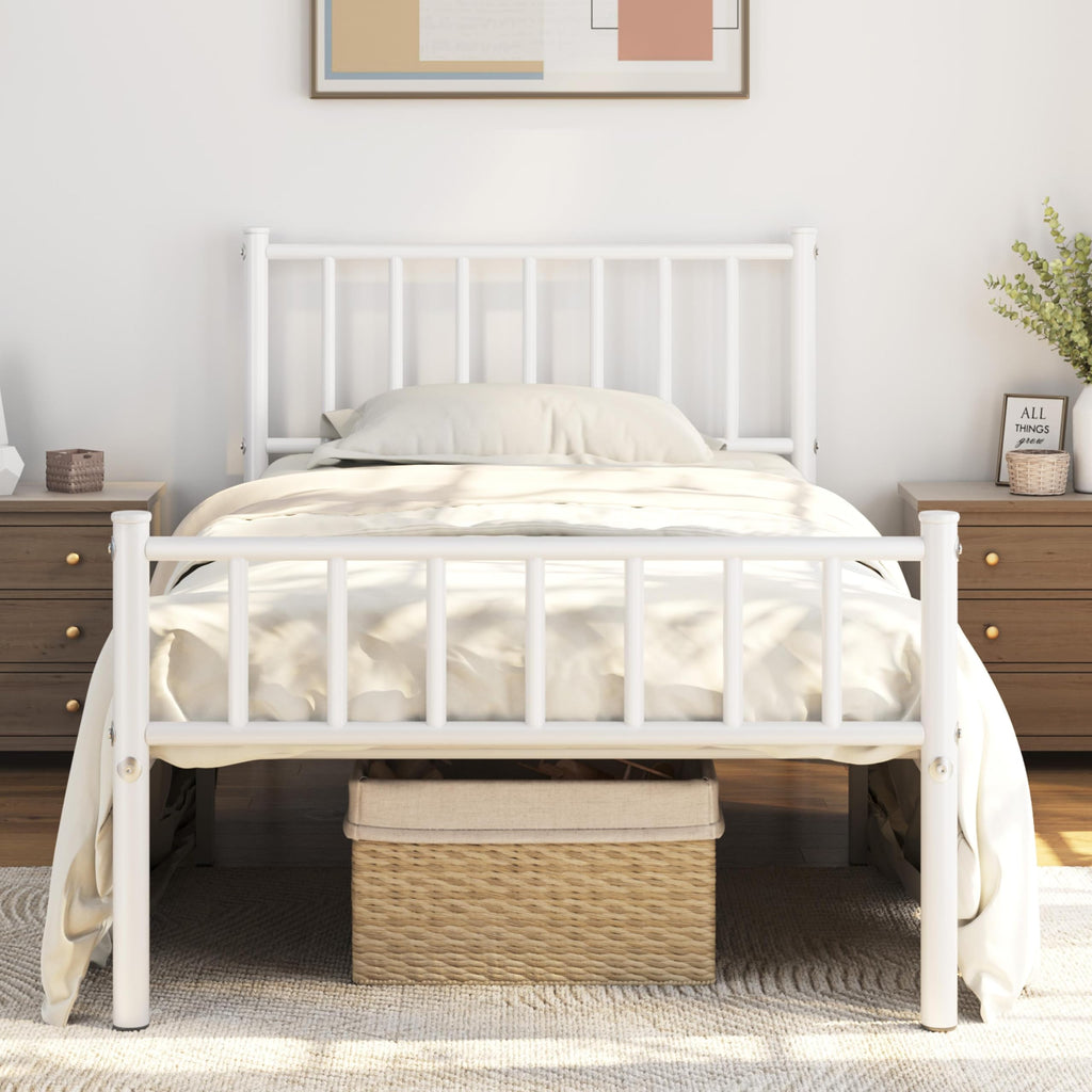Twin Size White Metal Platform Bed Frame with Spindle Headboard S72140