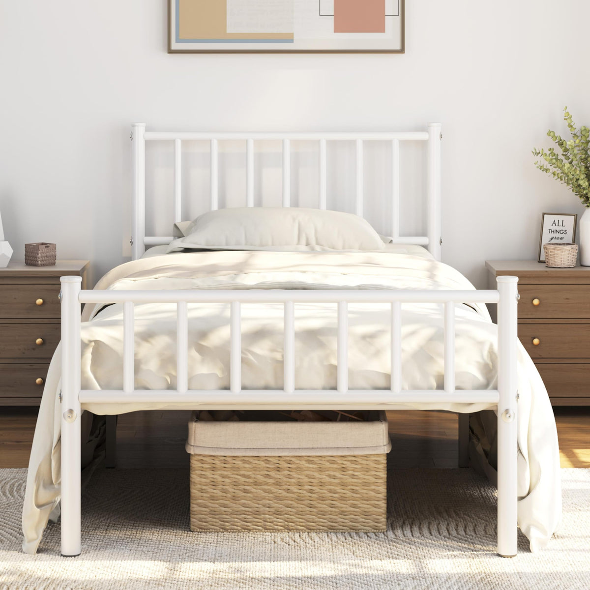 Twin Size White Metal Platform Bed Frame with Spindle Headboard S72140