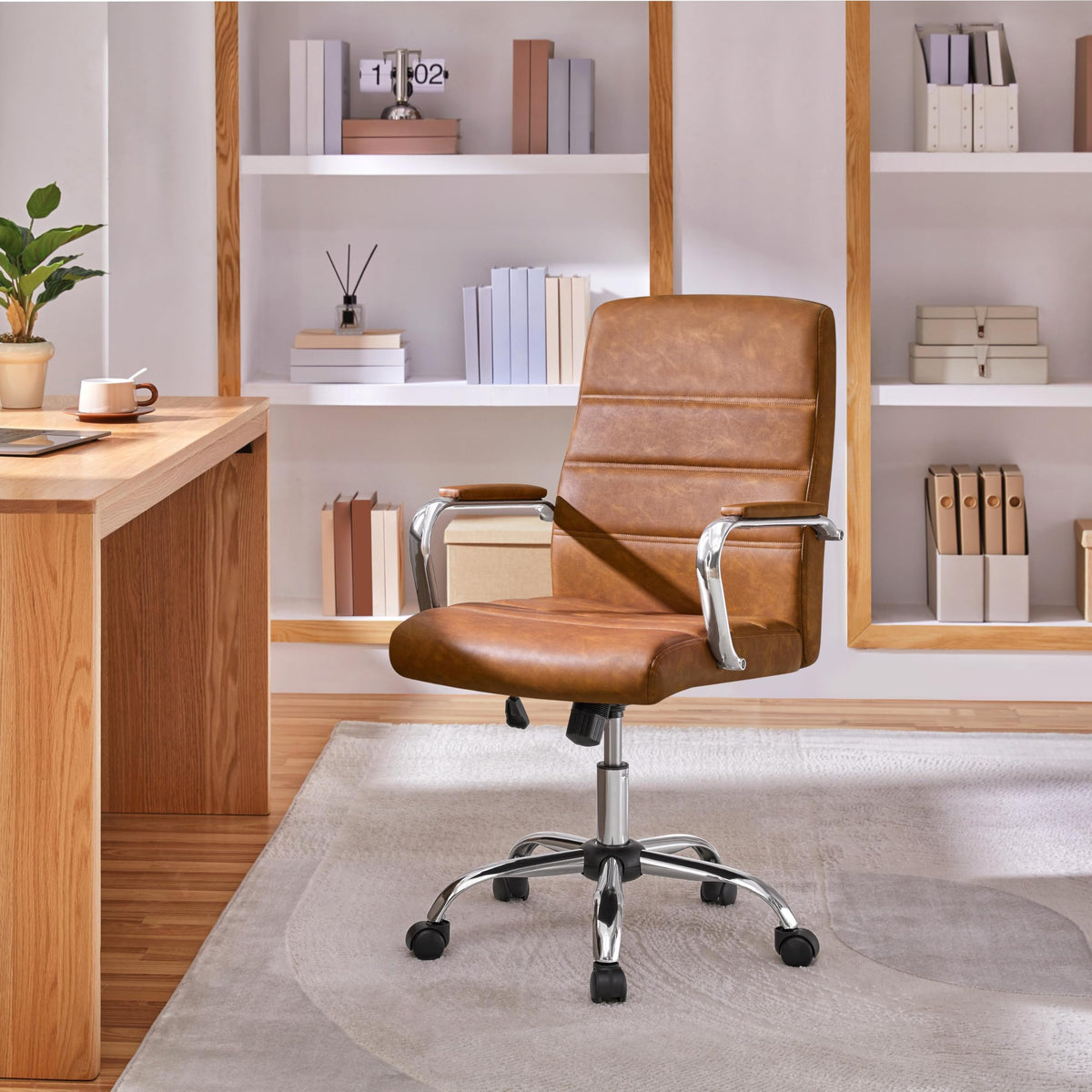 Brown PU Leather Office Chair with Arms E356