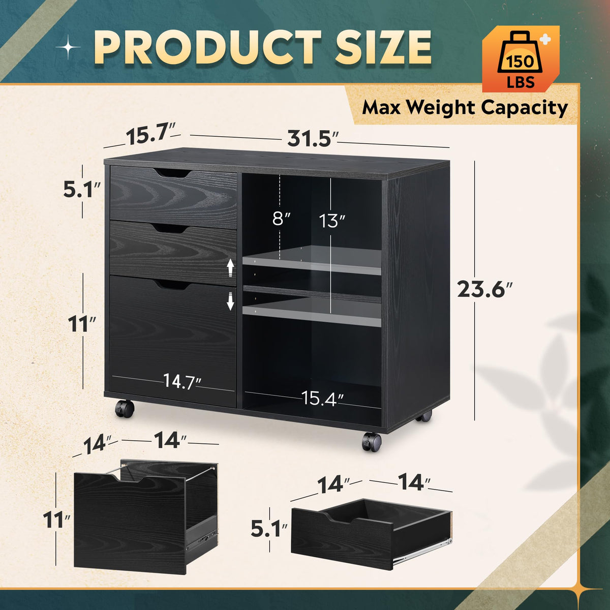 Black 3-Drawer Wood File Cabinet Y254