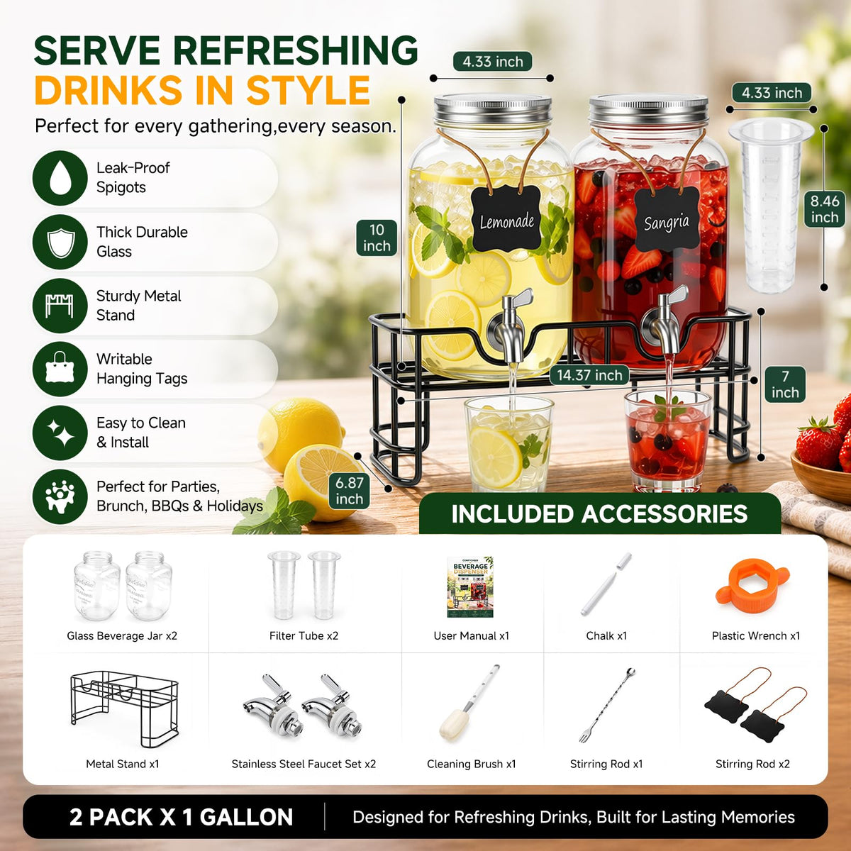 2 PCS 1 Gallon Glass Drink Dispensers with Stand & Fruit Infuser M2770