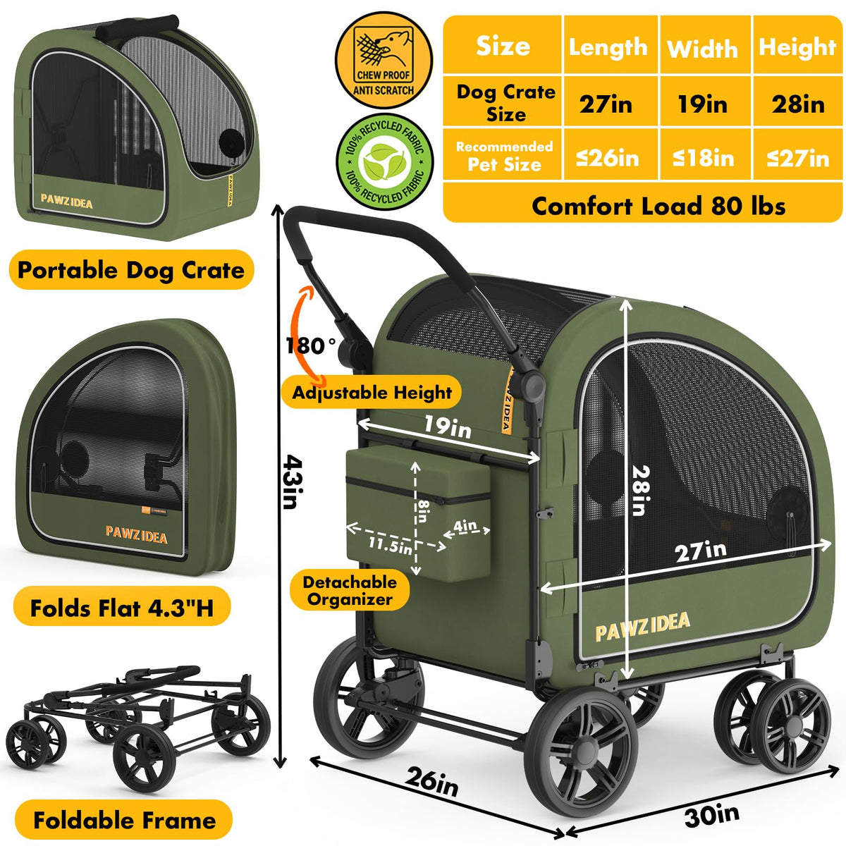 3-in-1 Large Dog Stroller with Detachable Carrier F604