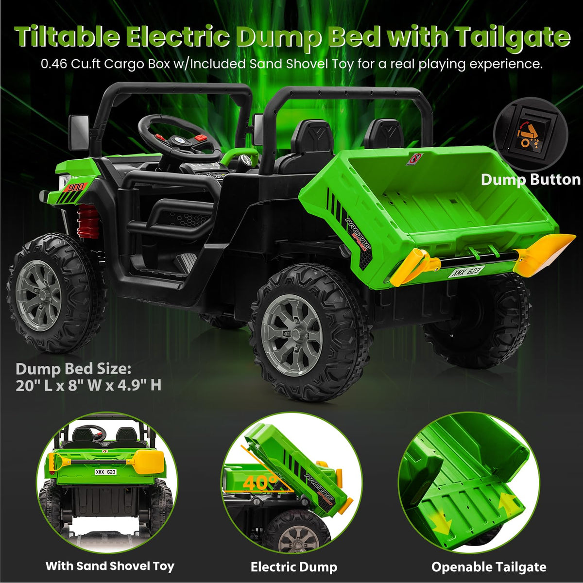 24V 4WD Ride on Truck Car with Dump Bed, 2 Seaters, Remote Control, Green F1678