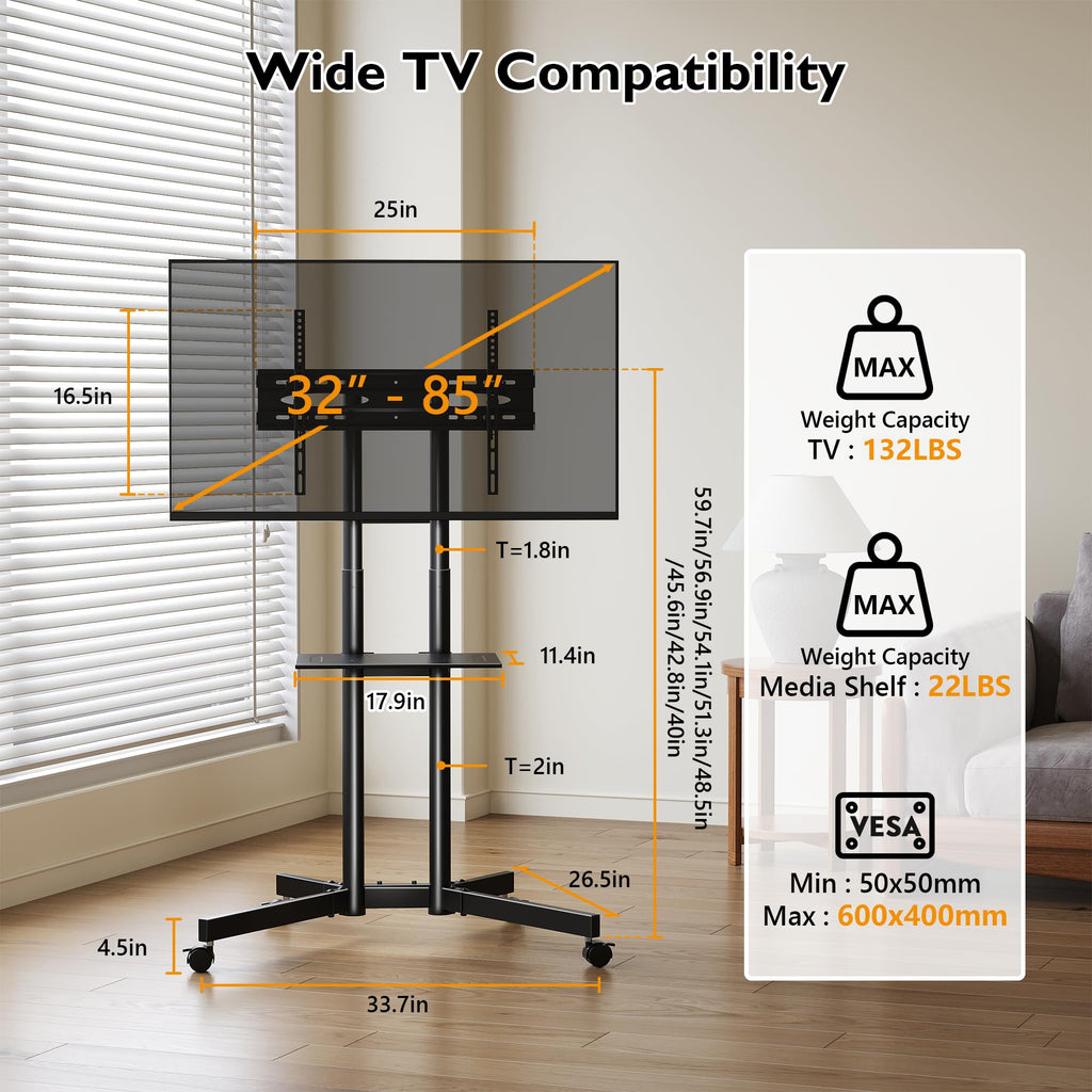 Rolling TV Stand with Tilt, Black E90708
