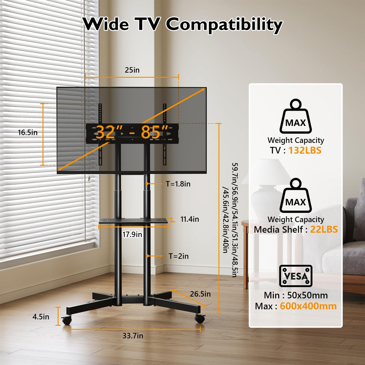 Rolling TV Stand with Tilt, Black E90708