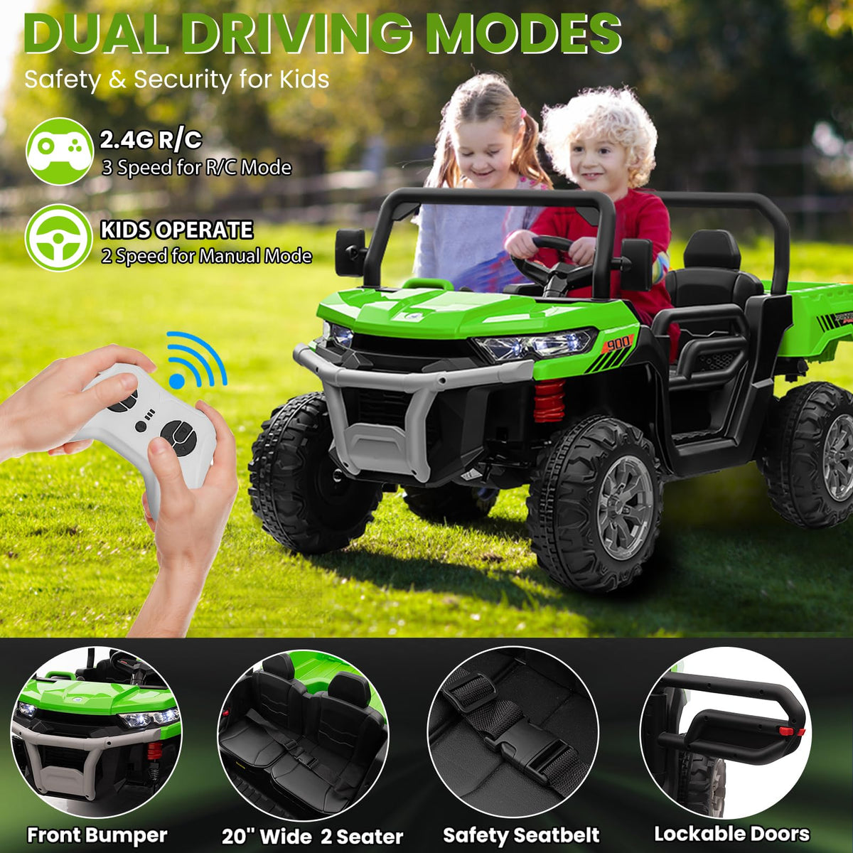 24V 4WD Ride on Truck Car with Dump Bed, 2 Seaters, Remote Control, Green F1678