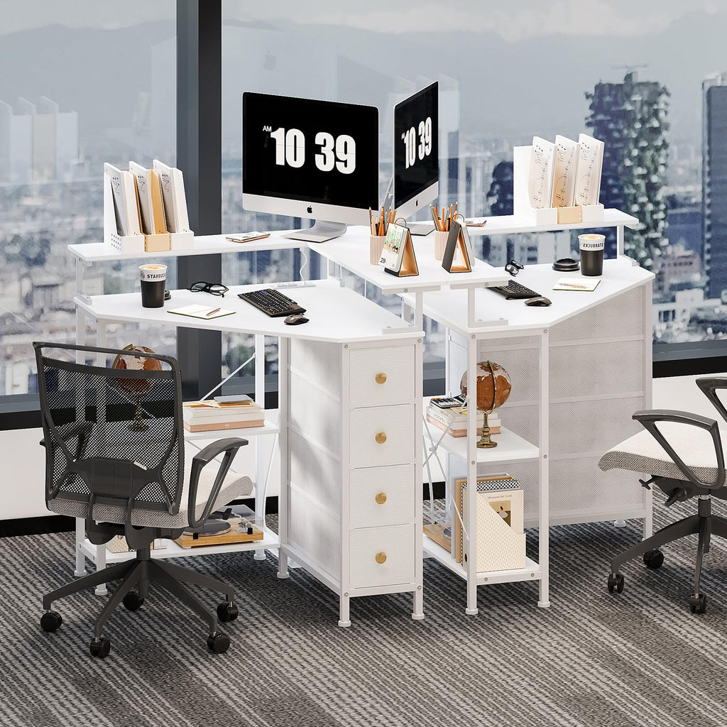 White Corner Desk with Drawers Shelves and Power Outlets V98860