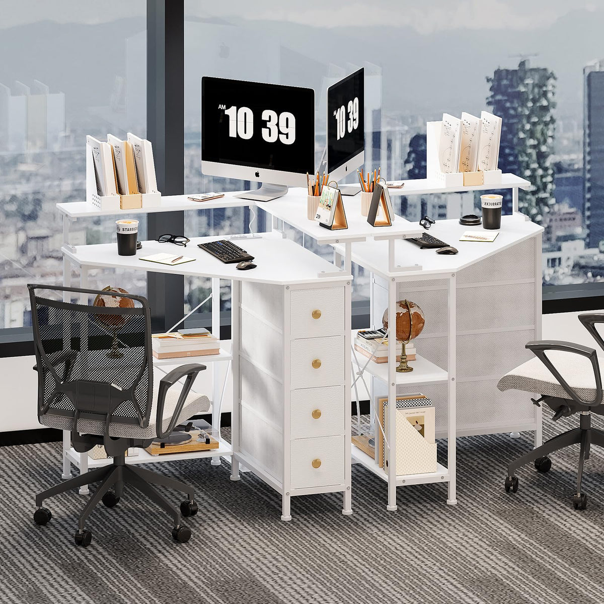 White Corner Desk with Drawers Shelves and Power Outlets V98860