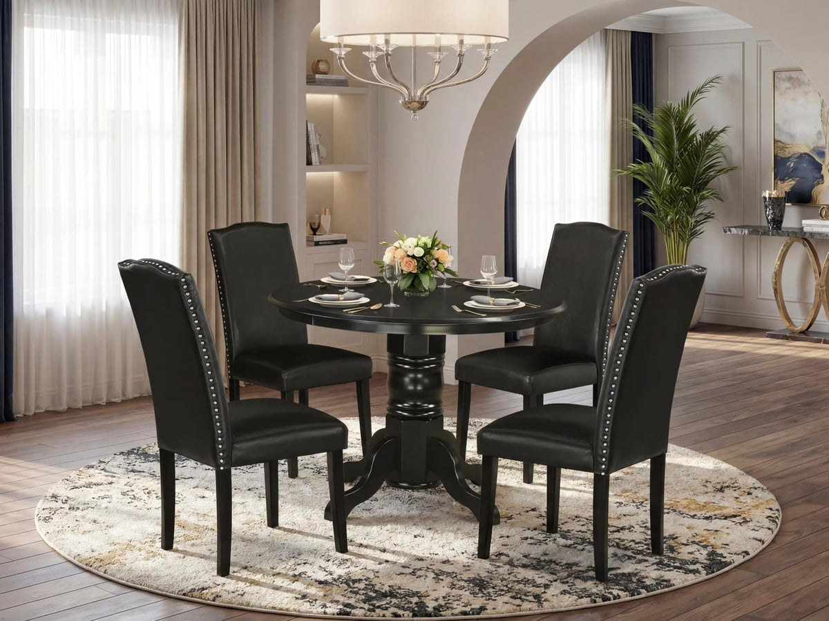 5 Piece Round Dining Table Set with 4 Black Faux Leather Chairs W860