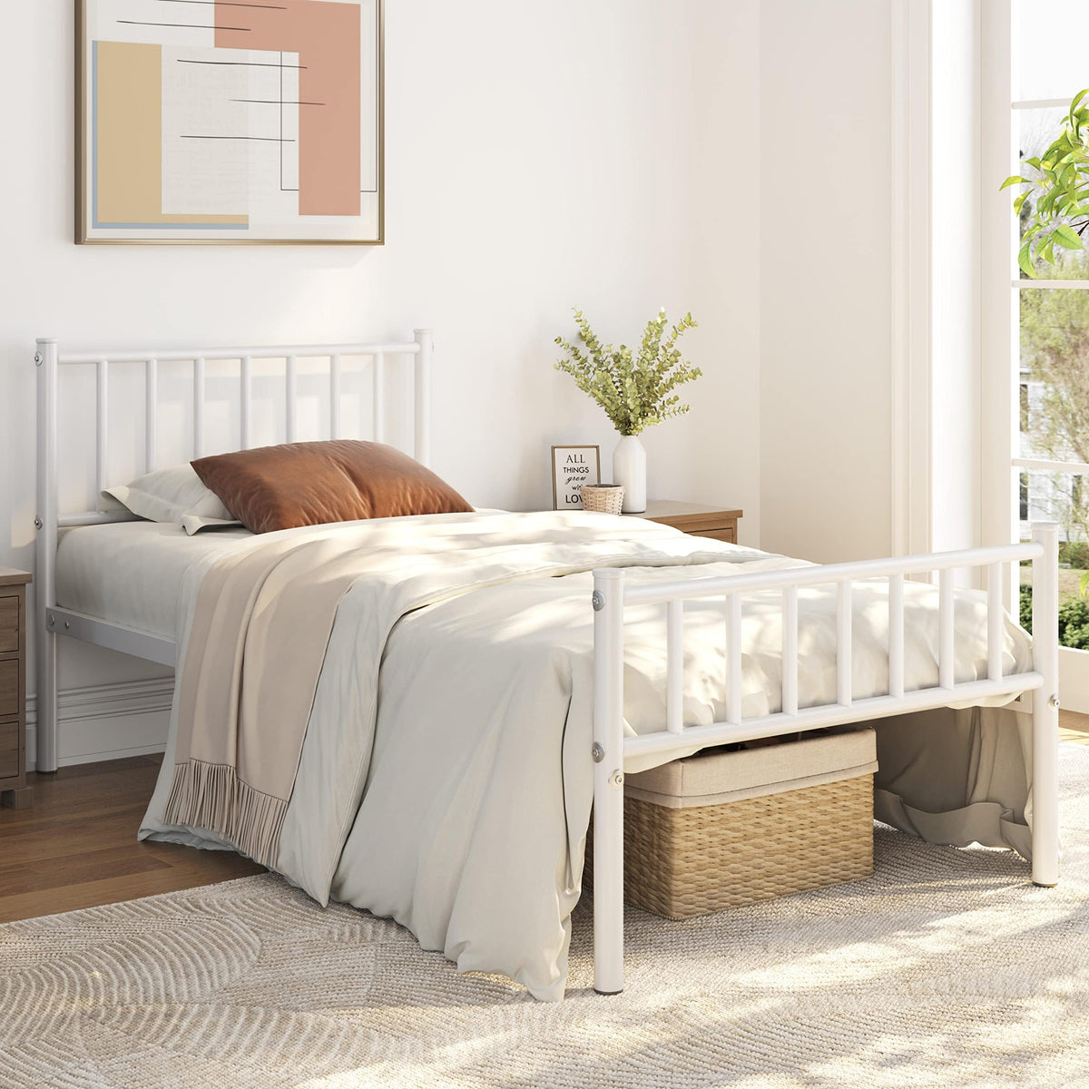 Twin Size White Metal Platform Bed Frame with Spindle Headboard S72140