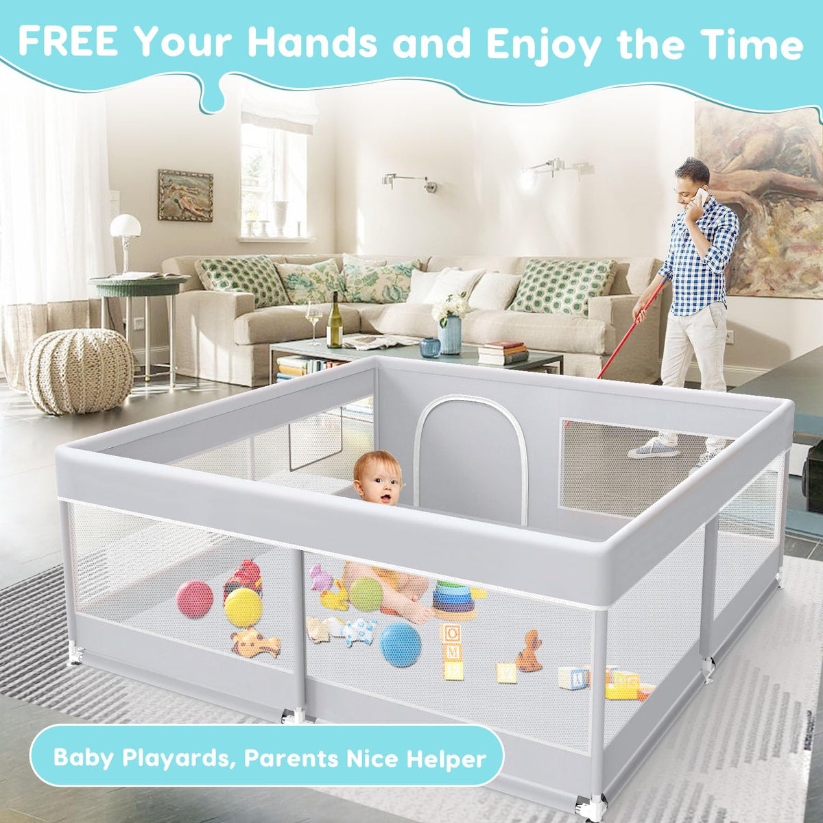 50x50 Inch Grey Baby Playpen with Mesh N97216