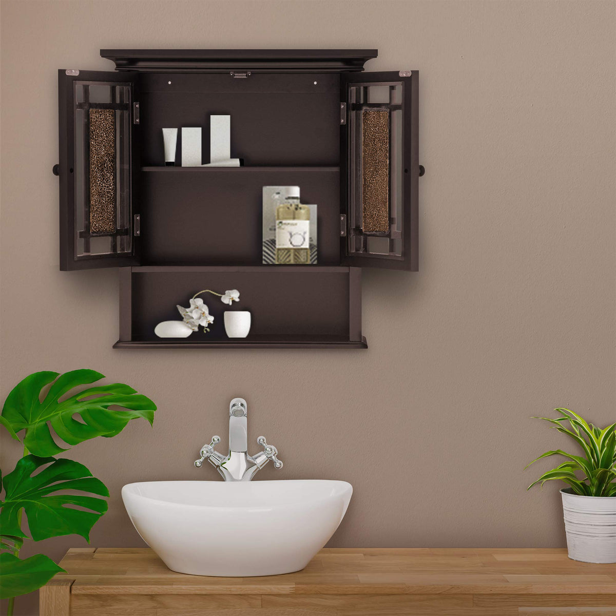 Over The Toilet Wall Medicine Cabinet with 2 Glass Mosaic Doors M523405
