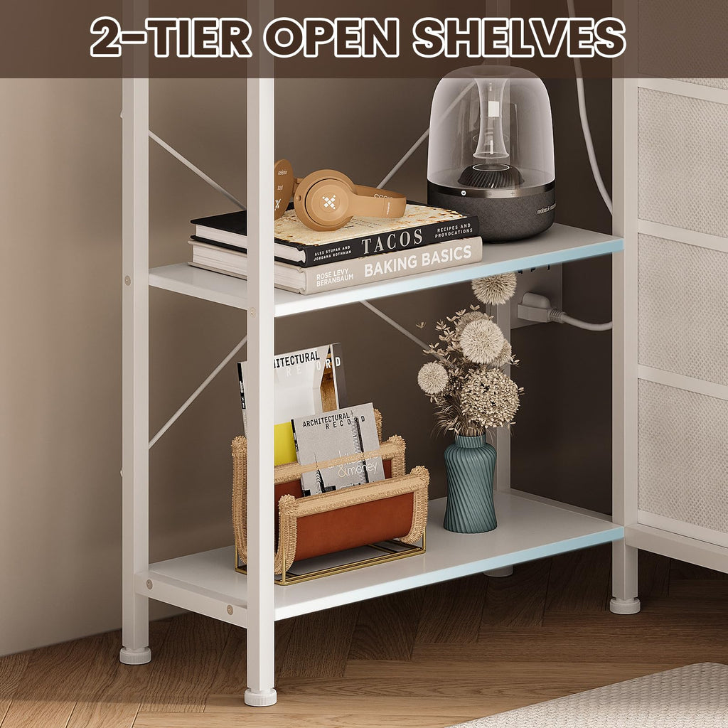 White Corner Desk with Drawers Shelves and Power Outlets V98860