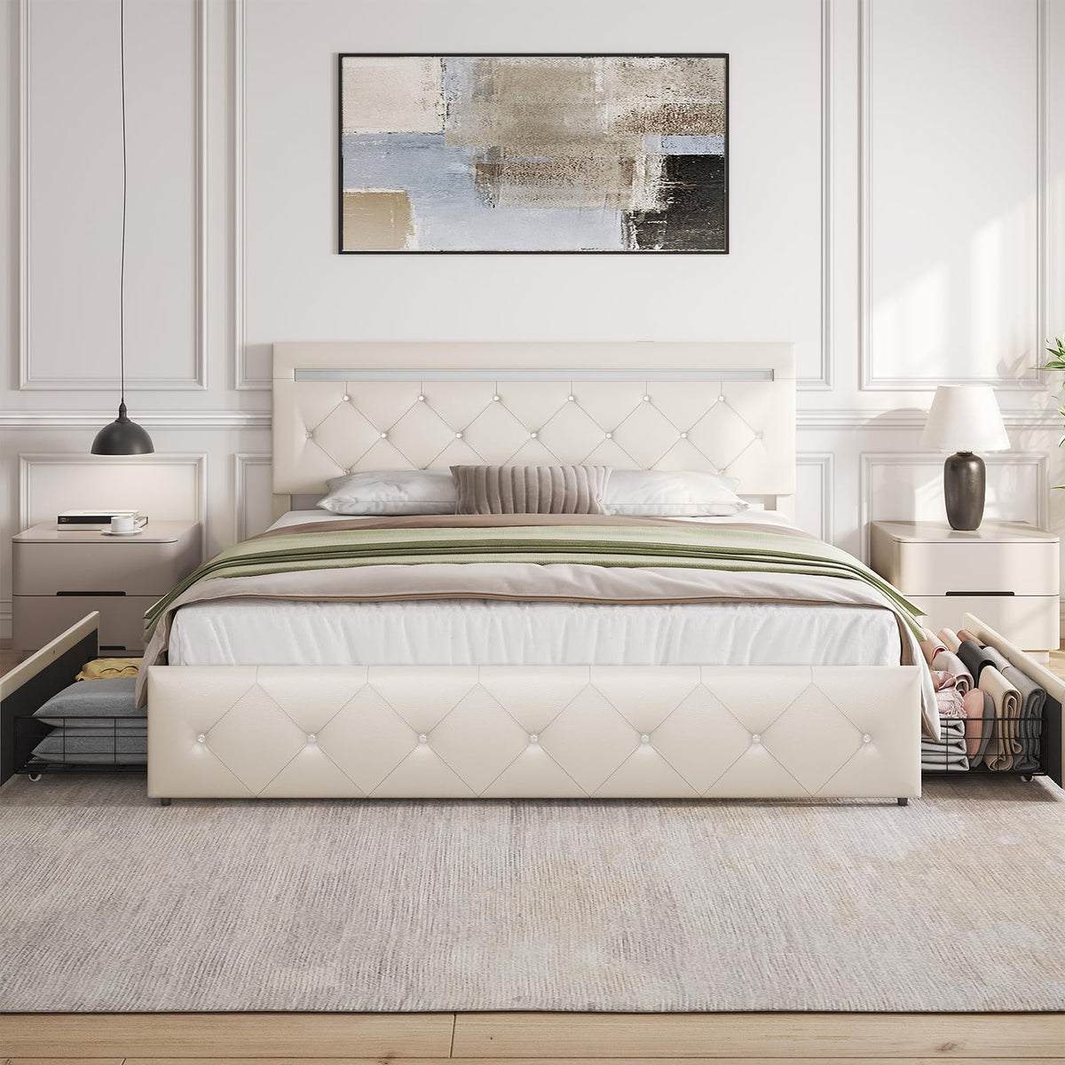 White Full Size Bed Frame with 4 Drawers and LED Light V76272