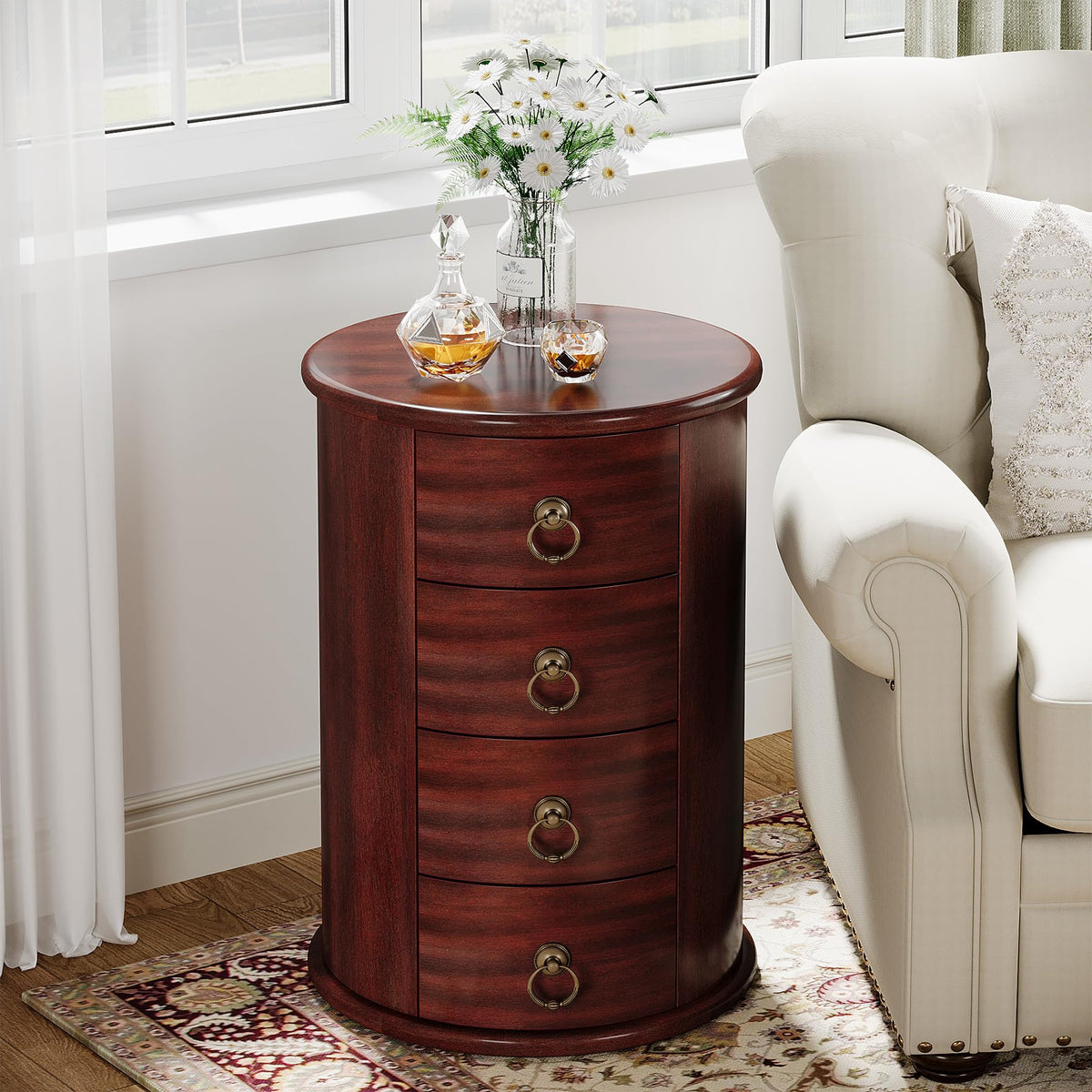 Solid Wood Round End Table with 4 Drawers Q601585