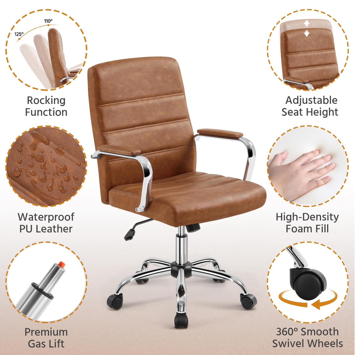 Brown PU Leather Office Chair with Arms E356