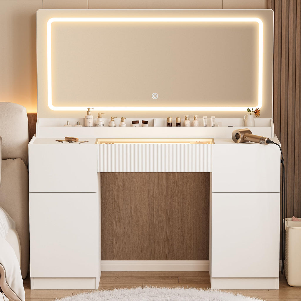 44" Pure White Vanity Desk with Mirror and Lights I930939