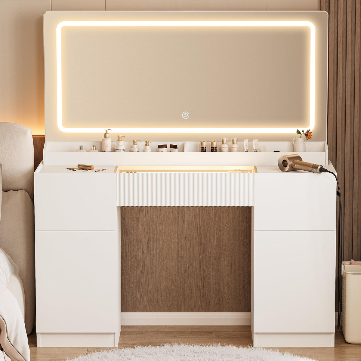 44" Pure White Vanity Desk with Mirror and Lights I930939