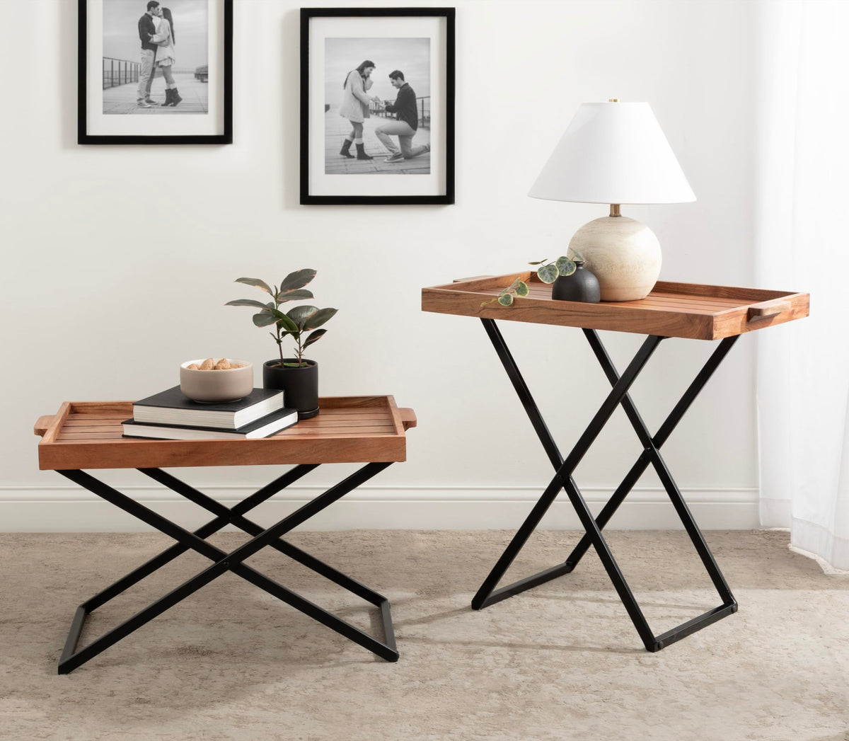 Natural Brown and Black Wood Tray Table with Removable Serving Tray Top I8662