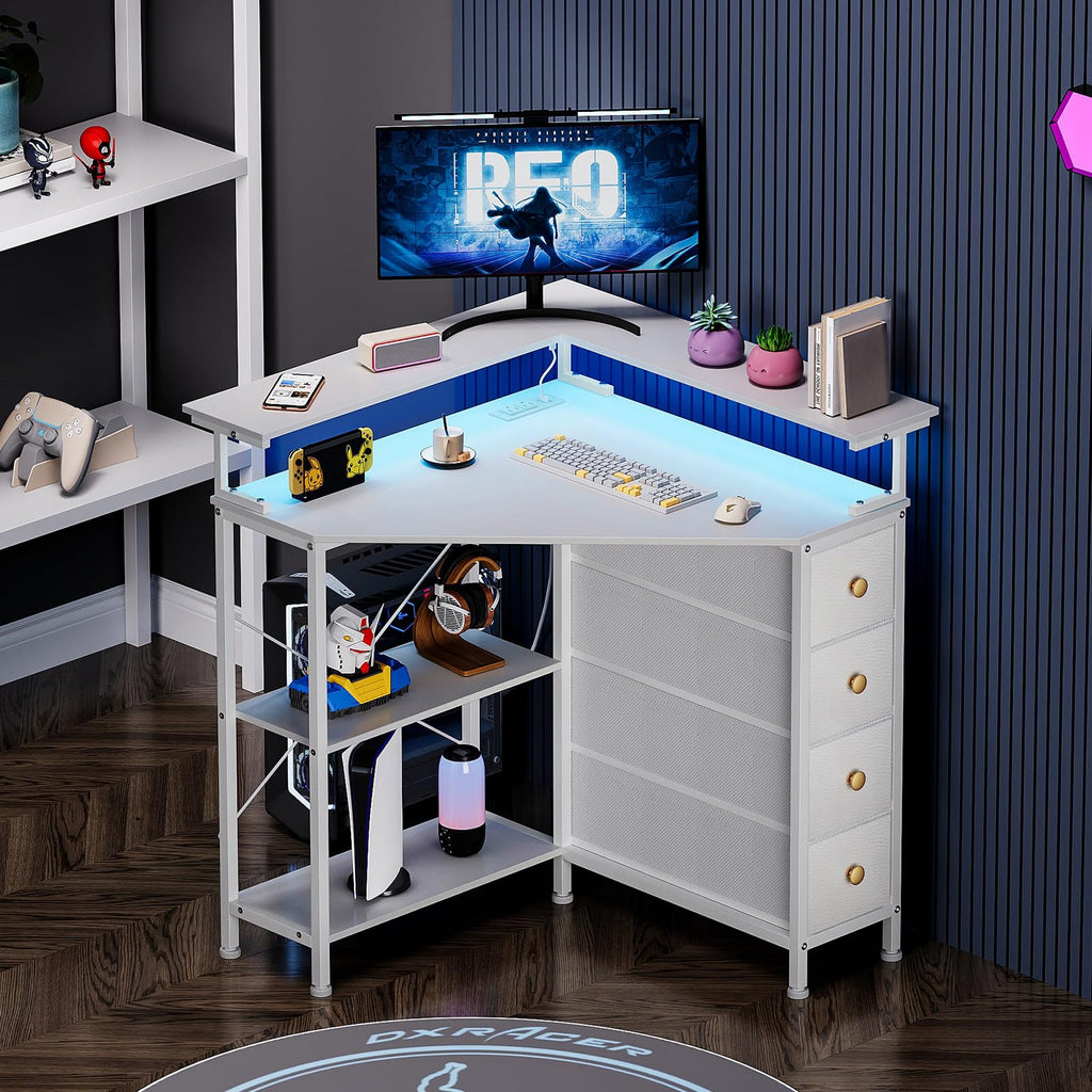 White Corner Desk with Drawers Shelves and Power Outlets V98860