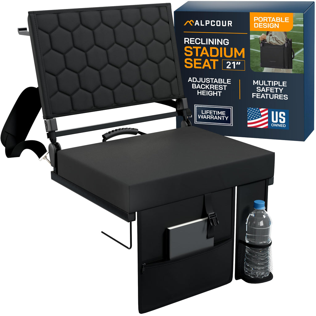 Extra Wide Folding Reclining Stadium Seat with Cup Holder and Storage Pockets K2691