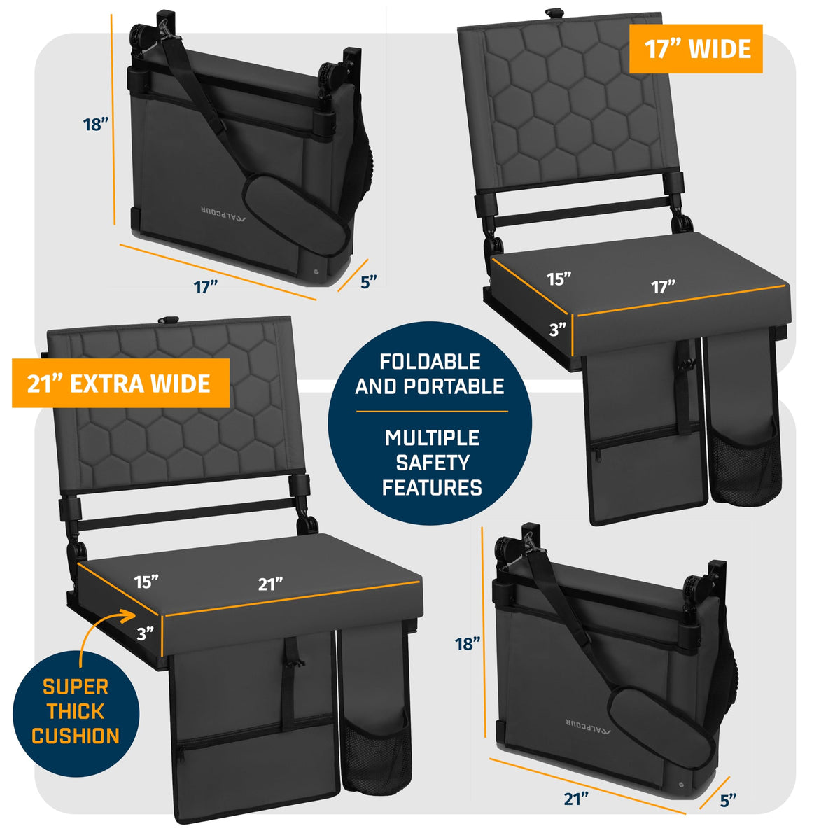 Extra Wide Folding Reclining Stadium Seat with Cup Holder and Storage Pockets K2691