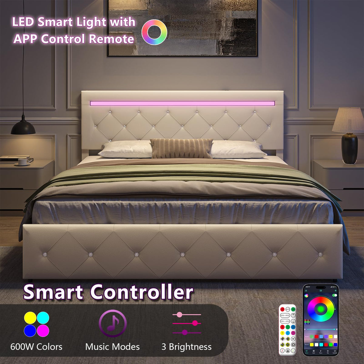 White Full Size Bed Frame with 4 Drawers and LED Light V76272