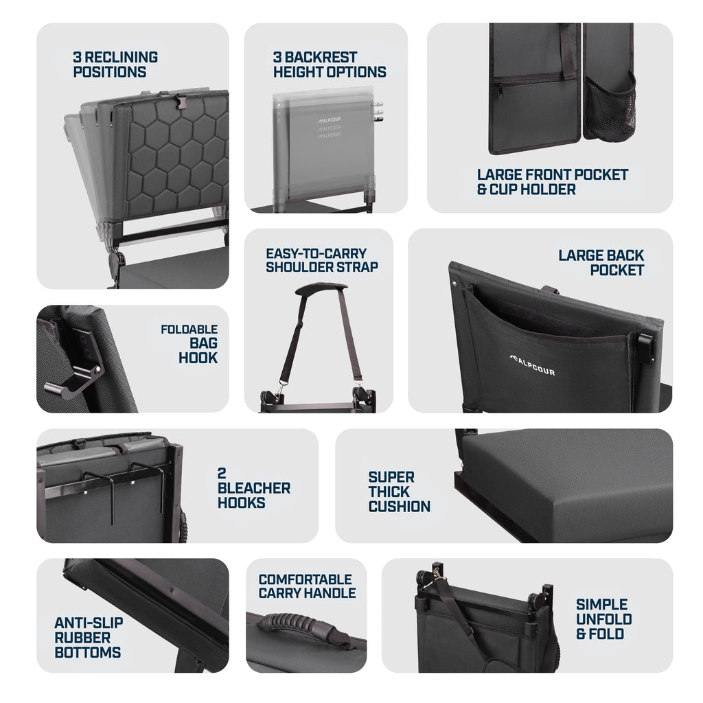 Extra Wide Folding Reclining Stadium Seat with Cup Holder and Storage Pockets K2691