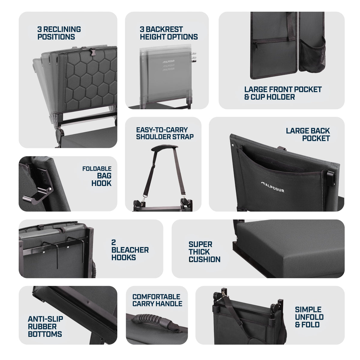 Extra Wide Folding Reclining Stadium Seat with Cup Holder and Storage Pockets K2691