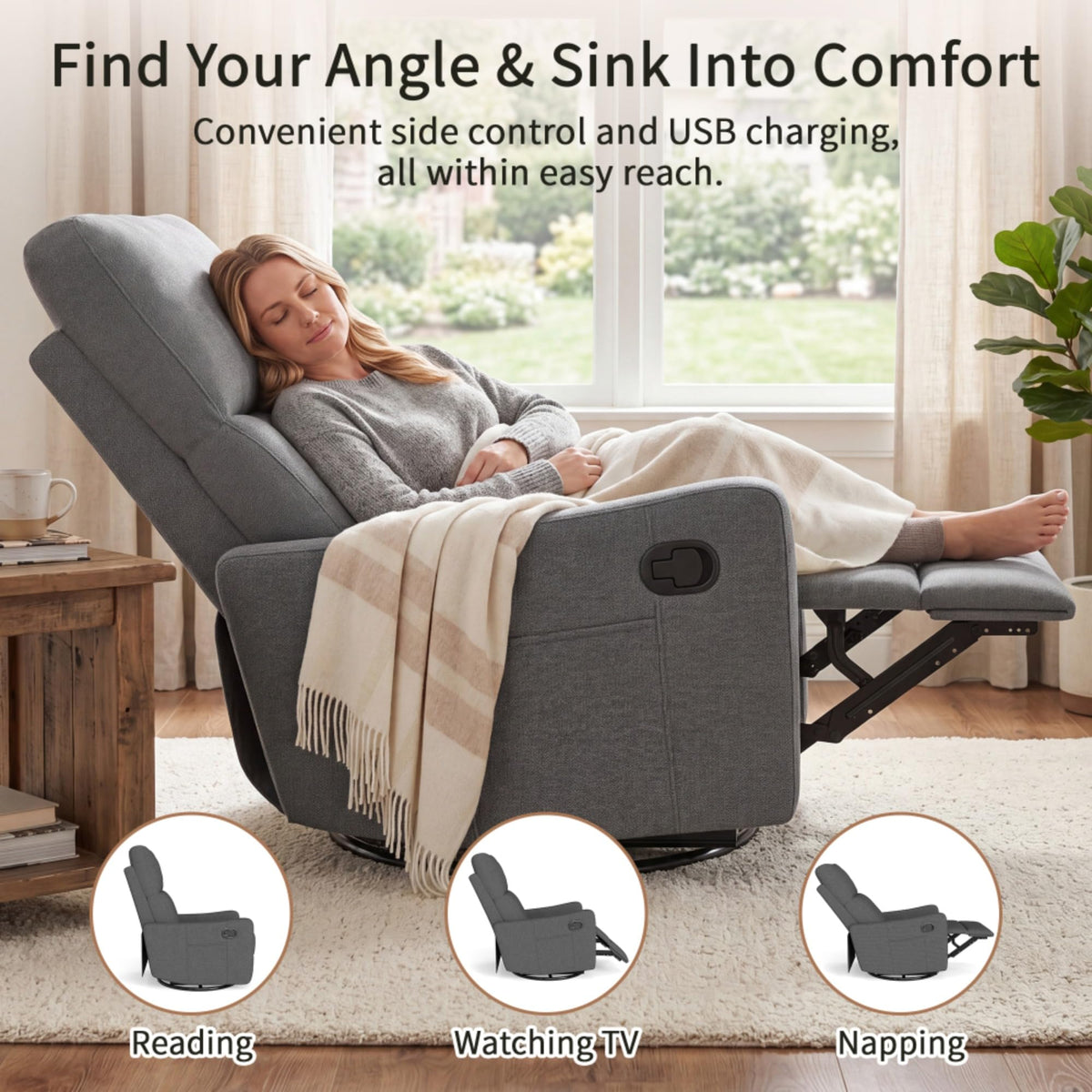 Swivel Rocker Recliner Chair with Pull Lever and Side Pocket S5757