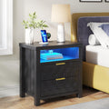 Black Nightstand with Charging Station, 2 Drawers, LED Lights Z739