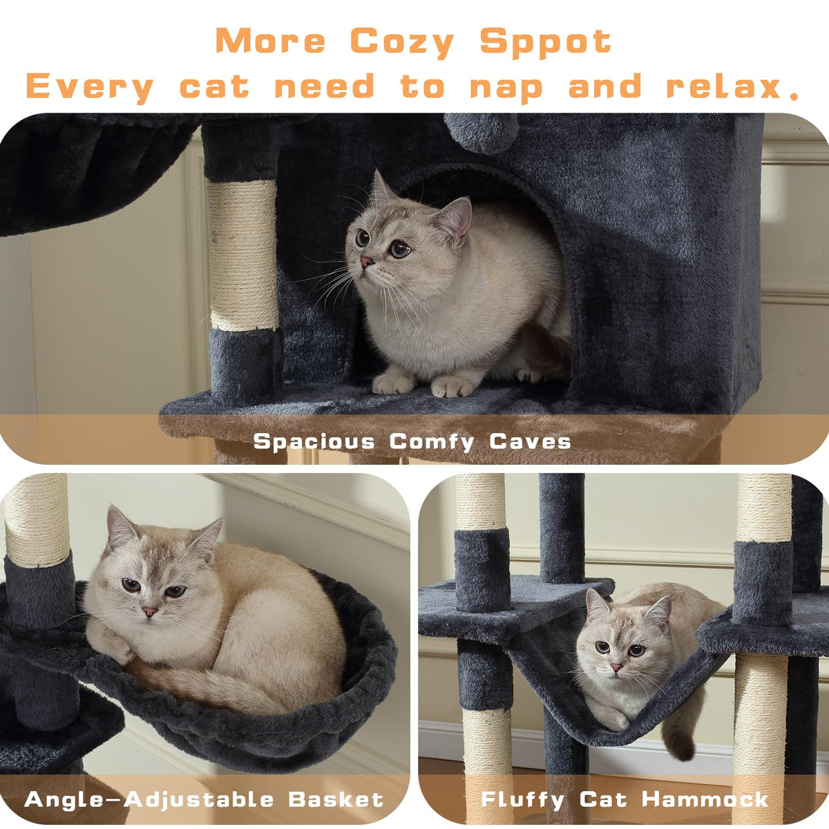 70-Inch Large Cat Tree Tower with Hammock, Scratching Post, Condo, Dark Gray M110